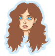 pixel portrait of a young lady, peachy skin, severe brows, messy curly long brown hair, eyes are completely filled with blue sky and white clouds